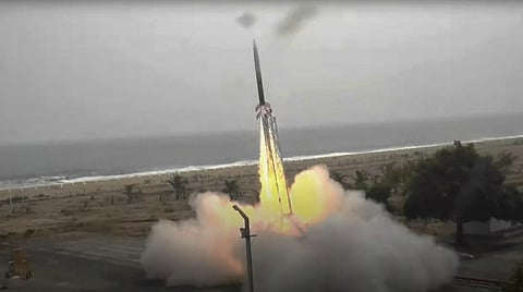 India's first private rocket Vikram-S built by Skyroot Aerospace lifts off from a launch pad in Sriharikota. (Screengrab)