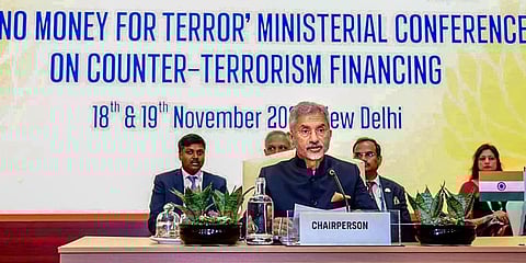 External Affairs Minister S. Jaishankar speaks during the third 'No Money for Terror' Ministerial Conference on Counter-Terrorism Financing, in New Delhi, Nov. 19, 2022. (Photo | PTI)