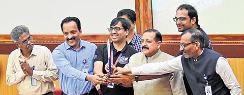 Minister Jitendra Singh, ISRO chairman Somanth, In-space chairman Pawan Goenka, Skyroot Aerospace CEO and founders after the launch on Friday | Ashwin prasath