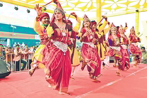 Tribal troupes from various Indian states and 10 countries showcase their skills on Tuesday, the inaugural day of the three-day National Tribal Dance Festival in Raipur