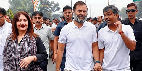 Congress leader Rahul Gandhi with Bollywood actor and filmmaker Pooja Bhatt, and others during the party's 'Bharat Jodo Yatra'. (Photo | PTI)