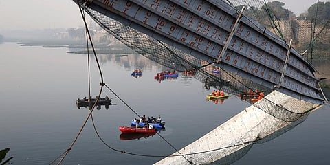 While the bridge flooring was replaced, its cable was not replaced and it could not take the weight of the changed flooring. (Photo | PTI)
