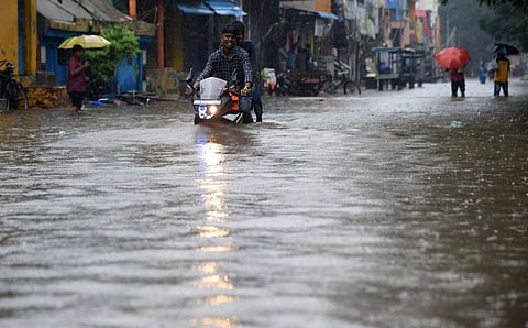 Motorists attempt to ride through Pattalam on Tuesday. (Photo | R Satish Babu, EPS)