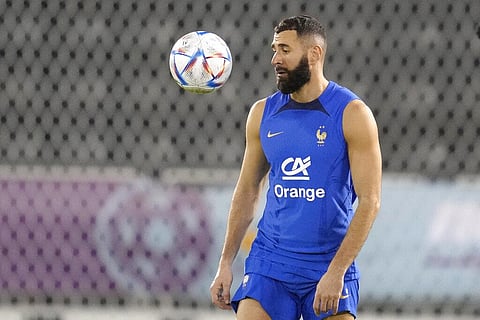 France's Karim Benzema eyes the ball during a training session at the Jassim Bin Hamad stadium in Doha, Qatar, Saturday, Nov. 19, 2022. (Photo | AP)