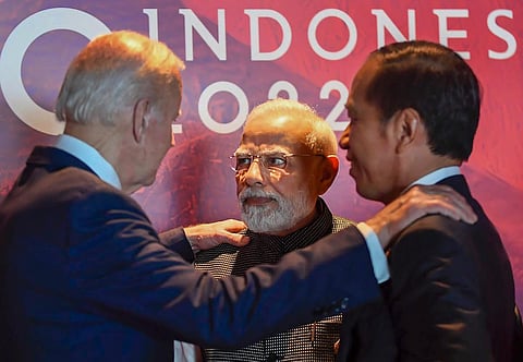 Prime Minister Narendra Modi with Indonesian President Joko Widodo and US President Joe Biden at the G20 Summit, in Bali, Indonesia. (Photo | PTI)