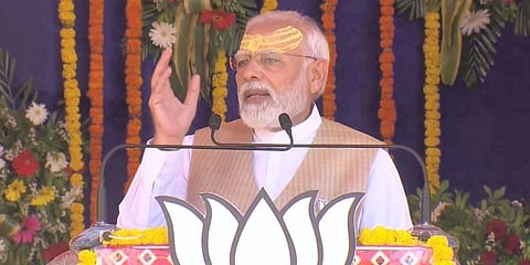 Prime Minister Narendra Modi speaks during a public meeting ahead of the Gujarat Assembly elections, at Veraval in Gir Somnath district. (Photo | PTI)