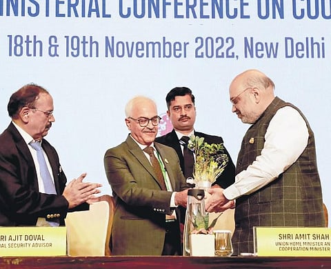 Home Minister Amit Shah with Home Secretary Ajay Kumar Bhalla during the third ‘No Money for Terror’ Ministerial Conference on Counter-Terrorism Financing in New Delhi on Saturday | PTI