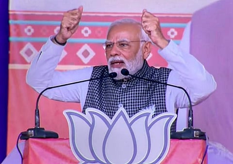 Prime Minister Narendra Modi speaks at a public meeting in Gujarat. (Photo | PTI)
