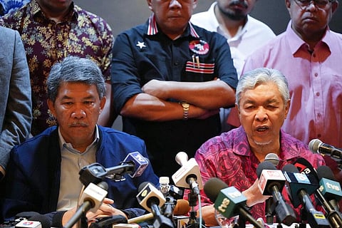 United Malays National Organization President Ahmad Zahid Hamidi, right, talks during a press conference in Kuala Lumpur, Malaysia, Monday, Nov. 21, 2022. (Photo | AP)