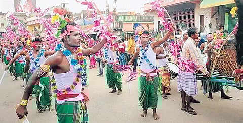 Tribal artistes dance during the procession on the Grand Road on Sunday | Express