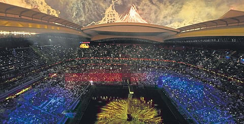 Fireworks go off at the Al Bayt Stadium during the glittering Opening Ceremony of the 2022 FIFA World Cup on Sunday. (Photo | AP)