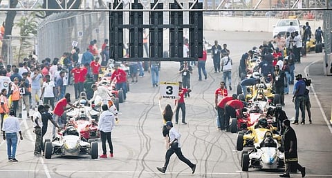 The first phase of the Formula E trial run by the Indian Racing League underway at the newly-laid circuit at Hussainsagar in Hyderabad on Sunday | Vinay Madapu