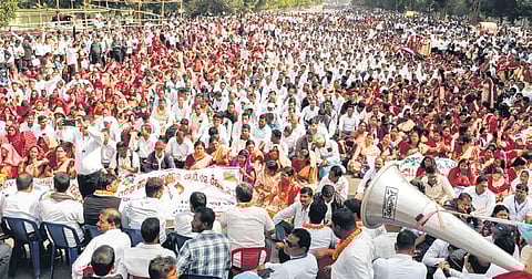 Contractual teachers stage dharna at Mahatma Gandhi Marg in Bhubaneswar on Sunday | Express