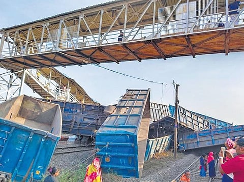 Derailed wagons in a pile up at Korai railway station in Jaipur district. (Photo | Debatta Mallick)
