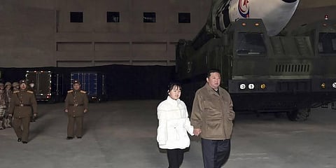North Korean leader Kim Jong Un, right, and his daughter inspecting a missile at Pyongyang International Airport in Pyongyang, North Korea. (Photo | AP)
