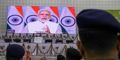 Prime Minister Narendra Modi addresses a 'Rozgar Mela' via video conferencing, in Jammu. (Photo | PTI)