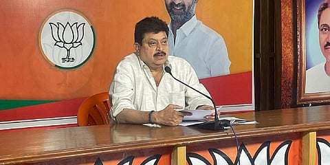 Former MLC and senior BJP leader N Ramchander Rao speaks at a Press Conference at BJP State Office in Hyderabad. (Photo | Twitter @N_RamchanderRao)