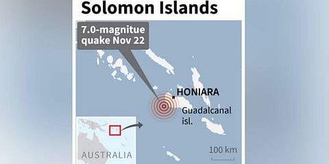 Map of the Solomon Islands locating the epicentre of a 7.0-magnitude earthquake that struck on Tuesday. (Photo | AFP)