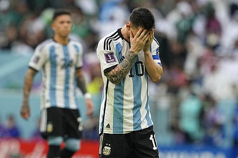Lionel Messi reacts after missing a chance during the World Cup group C soccer match between Argentina and Saudi Arabia at the Lusail Stadium, Nov. 22, 2022. (Photo | AP)