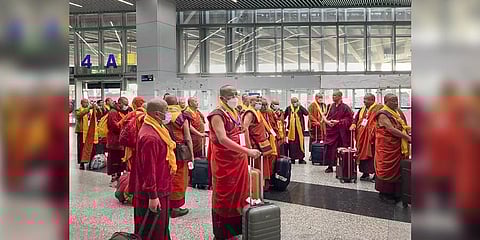 A delegation of leading Buddhist monks from Bhutan upon arrival in Kolkata on November 22, 2022, en route for a trip to holy Buddhist sites in the country | PTI