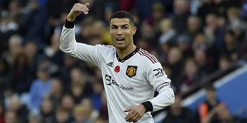 Cristiano Ronaldo gestures during the English Premier League match between Aston Villa and Manchester United at Villa Park in Birmingham, Nov. 6, 2022. (Photo | AP)