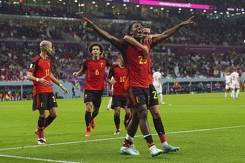 Belgium forward Michy Batshuayi (23) celebrates after scoring against Canada during the first half of a World Cup group F soccer match at the Ahmad Bin Ali Stadium. (Photo | AP)