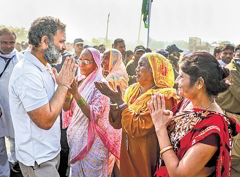 Congress leader Rahul Gandhi greets supporters during the party’s ‘Bharat Jodo Yatra’, in Burhanpur district on Wednesday | PTI