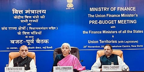 Union Finance Minister Nirmala Sitharman at pre-Budget meeting with the finance ministers of all States and Union Territories in Delhi (Photo | Ministry of Finance)
