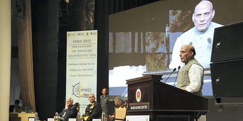 Defence Minister Rajnath Singh addresses the Indo-Pacific Regional Dialogue 2022 (IPRD-2022), at the Manekshaw Centre, in New Delhi. (Photo | PTI)