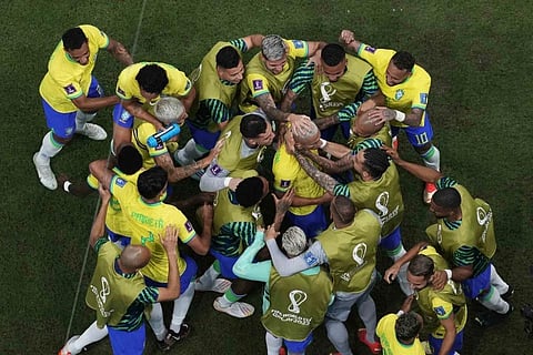 Teammates celebrate with Brazil's Richarlison after he scored his second goal during the World Cup group G soccer match against Serbia, at the Lusail Stadium, Qatar, Nov. 24, 2022. (Photo | AP)