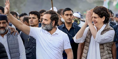 Congress leader Rahul Gandhi with his sister and the party's general secretary Priyanka Gandhi Vadra during the Bharat Jodo Yatra in Khandwa, Madhya Pradesh. (Photo | PTI)