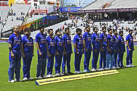 India's players line up before they play against New Zealand during the first ODI match in Auckland. (Photo | AP)