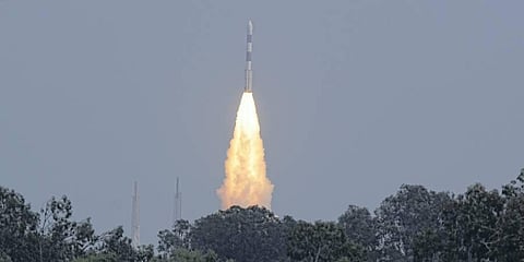PSLV-C54 carrying earth observation satellite along with eight other co-passenger satellites lifts off from the Satish Dhawan Space Centre in Sriharikota. (Photo | PTI)