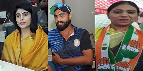 Indian Cricketer Ravindra Jadeja, his wife and BJP candidate Rivaba jadeja, (L), and his sister & Congress leader Naynaba Jadeja, (R). (File Photo)
