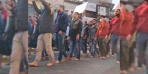 Kashmiri Pandit Migrant Employees held a barefoot march in Jammu (Photo | Twitter)
