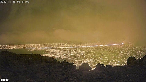 This image provided by the USGS Hawaiian Volcano Observatory shows a view from a research camera on the north rim of the summit caldera of the Mauna Loa volcano, Nov. 28, 2022. (Photo | AP)