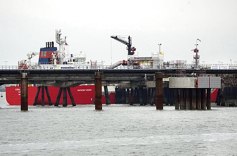 The LPG tanker 'Coral Parensis' is anchored at the construction site of the 'Uniper' LNG terminal in Wilhelmshaven, Germany, Nov. 15, 2022. (Photo | AP)