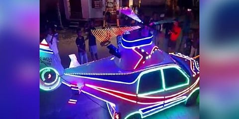 In Bihar’s Kaimur district, local residents of Mohania town spent more than eight months making the chopper-shaped car. (Photo | EPS)