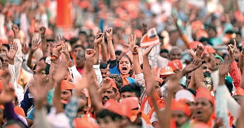 BJP supporters at a rally in Kheda district. (Photo | PTI)