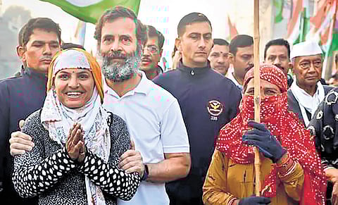 Congress leader Rahul Gandhi with supporters during the party’s ongoing Bharat Jodo Yatra in Indore district of Madhya Pradesh on Monday. (Photo | PTI)