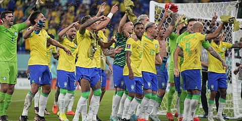 Brazil players celebrate at the end of the World Cup group G soccer match between Brazil and Switzerland.(Photo | AP)