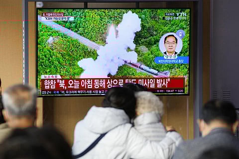 A TV screen showing a news program reporting about North Korea's missile launch is seen at the Seoul Railway Station in Seoul, South Korea, Nov. 3, 2022. (Photo | AP)