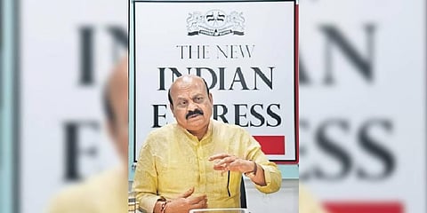 Chief Minister Basavaraj Bommai during a visit to The New Indian Express office in Bengaluru on Wednesday | VINOD KUMAR T