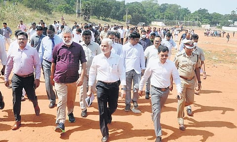 YSRC MP Vijayasai Reddy, district Collector A Mallikarjuna and other officials inspecting AU Engineering College grounds in Vizag on Wednesday | G Satyanarayana