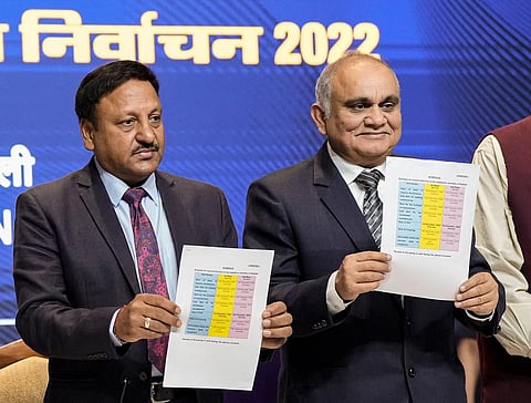 Chief Election Commissioner Rajiv Kumar, (L), with Election Commissioner Anup Chandra Pandey (right) during the announcement of the Gujarat assembly elections schedule. (Photo | PTI)