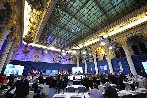 NATO Secretary-General Jens Stoltenberg addresses the attendees on the second day of the meeting of NATO Ministers of Foreign Affairs, in Bucharest, Romania, Nov. 30, 2022. (Photo | AP)