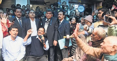 CM Arvind Kejriwal during a door-to-door campaign in Chirag Delhi. (Photo | Parveen Negi, EPS)