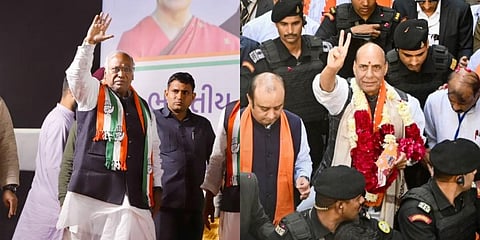 Congress President Mallikarjun Kharge and Defence Minister Rajnath Singh during campaigning for the Gujarat Assembly elections. (Photos | PTI)
