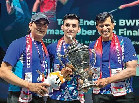 Lakshya Sen along with his coach Vimal Kumar(left) during Thomas Cup 2022