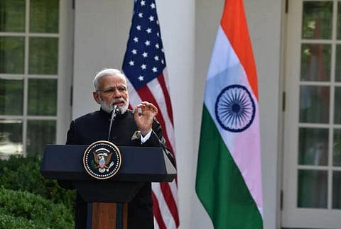 India's Prime Minister Narendra Modi speaks during a joint press conference with US President Donald Trump in the Rose Garden at the White House in Washington, DC. (File Photo | AFP)